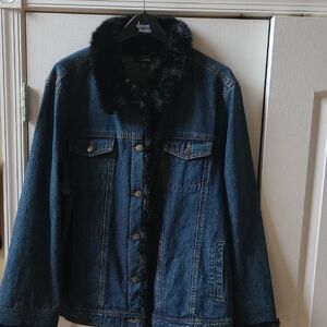 Dennis Basso Size 2X Denim Jacket With Black Faux Fur Collar & Sleeves